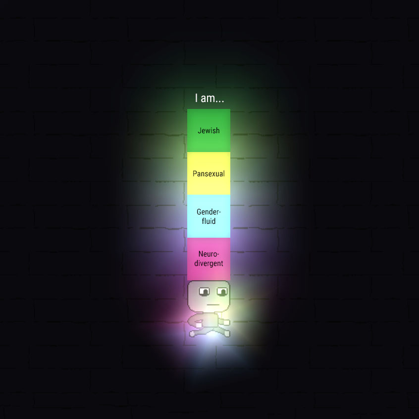 Blocks are labeled, I am, Jewish, Pansexual, Genderfluid, Neurodivergent.