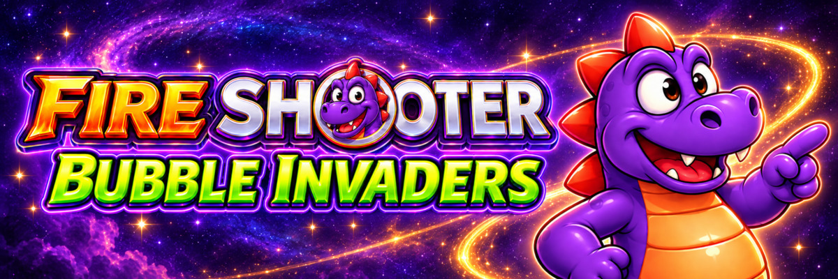 Fire Shooter : Bubble Invaders, avec Drako sur un fond spatial violet.