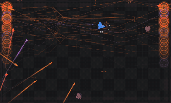 A small blue ship moves between crossing missile trails.