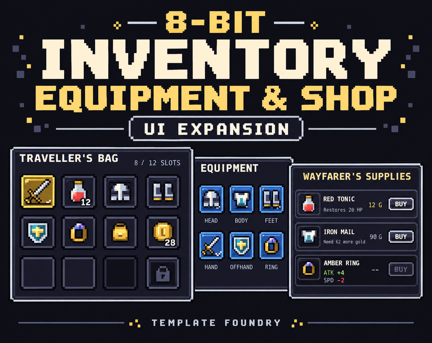 8-bit Inventory, Equipment & Shop UI Expansion by Template Foundry