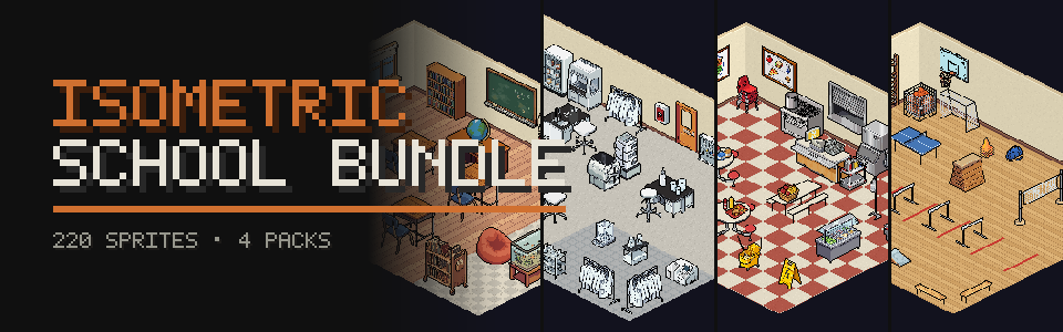 Isometric School Bundle: 220 Sprites (128 Objects + Room Sets)
