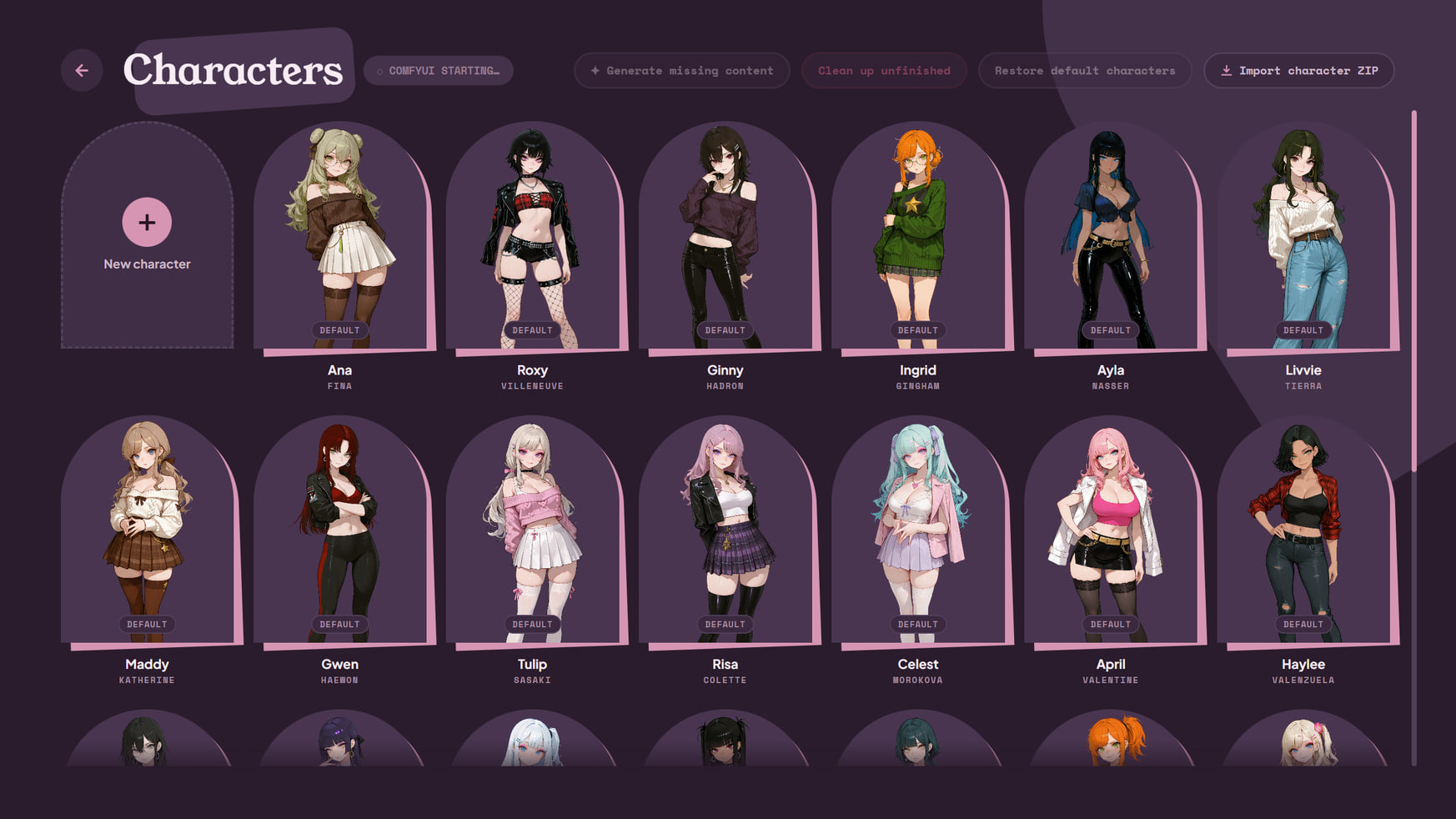 The Manage Characters screen with the shipped cast