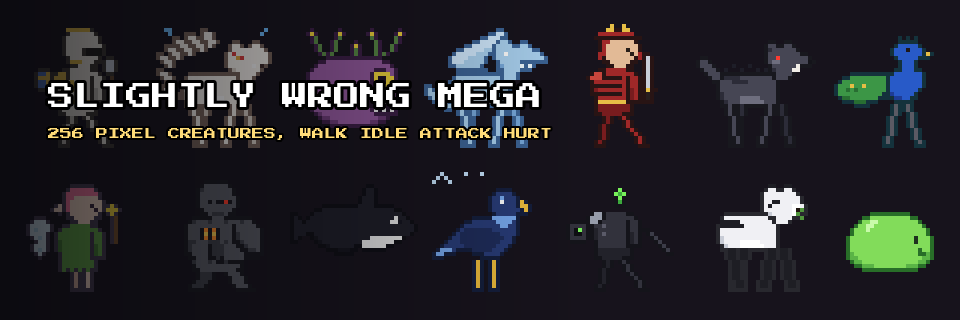Slightly Wrong Creatures MEGA — 256 Pixel Monsters, Walk · Idle · Attack · Hurt
