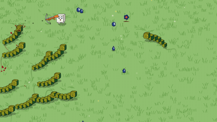 The yard keeper runs from a horde of cube snakes along the edge of the woods