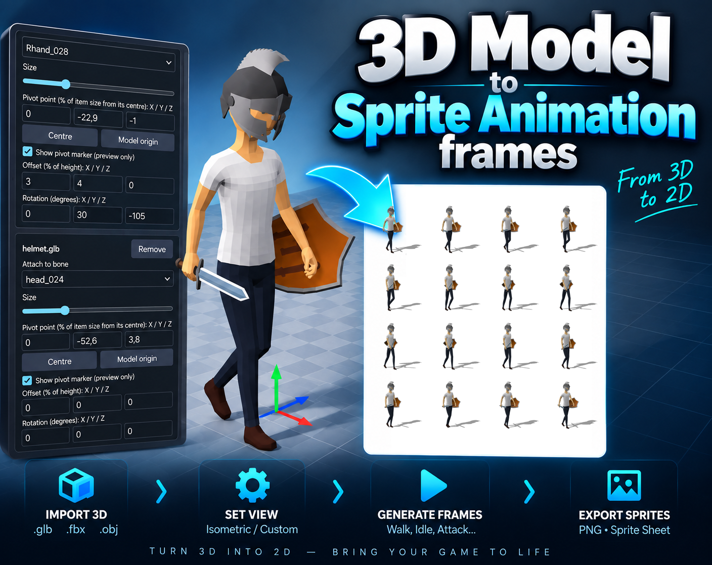 Cover image for 3D Model to Sprite Animation – Generate 2D Sprite Sheets or Voxels