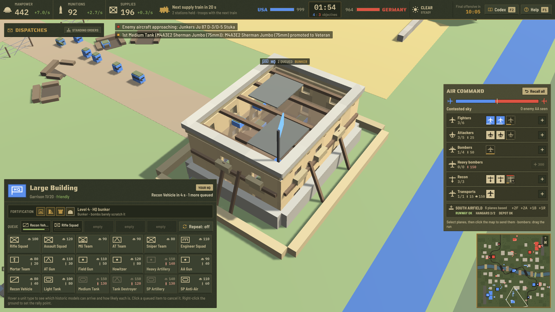 Fortified HQ bunker and its production queue