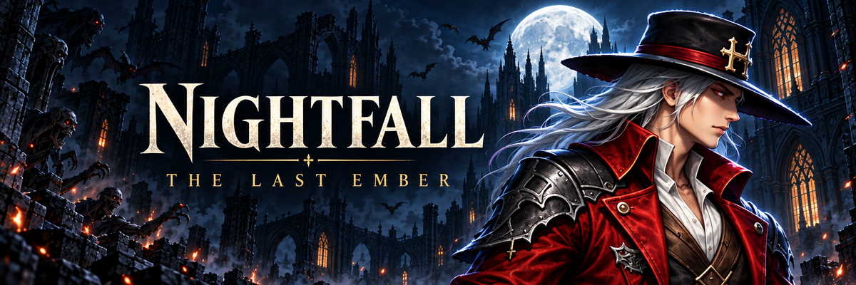 Nightfall &mdash; The Last Ember: a crimson-cloaked hunter beneath a cathedral moon