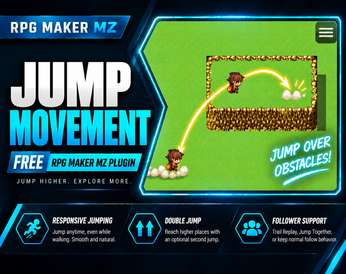 CT Jump Movement RPG Maker MZ plugin thumbnail showing a character jumping to a higher platform with a curved jump path.