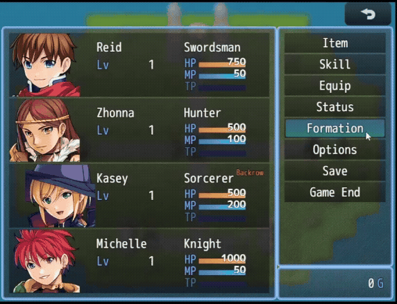 In the Formation screen, selecting the same actor twice swaps their row and a Backrow tag appears on their portrait. In the Formation screen, selecting the same actor twice swaps their row and a Backrow tag appears on their portrait.