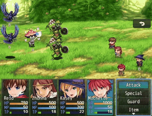 A battle round where party members move between rows, row labels follow them on the field and in the actor list, and a skill deals damage. A battle round where party members move between rows, row labels follow them on the field and in the actor list, and a skill deals damage.