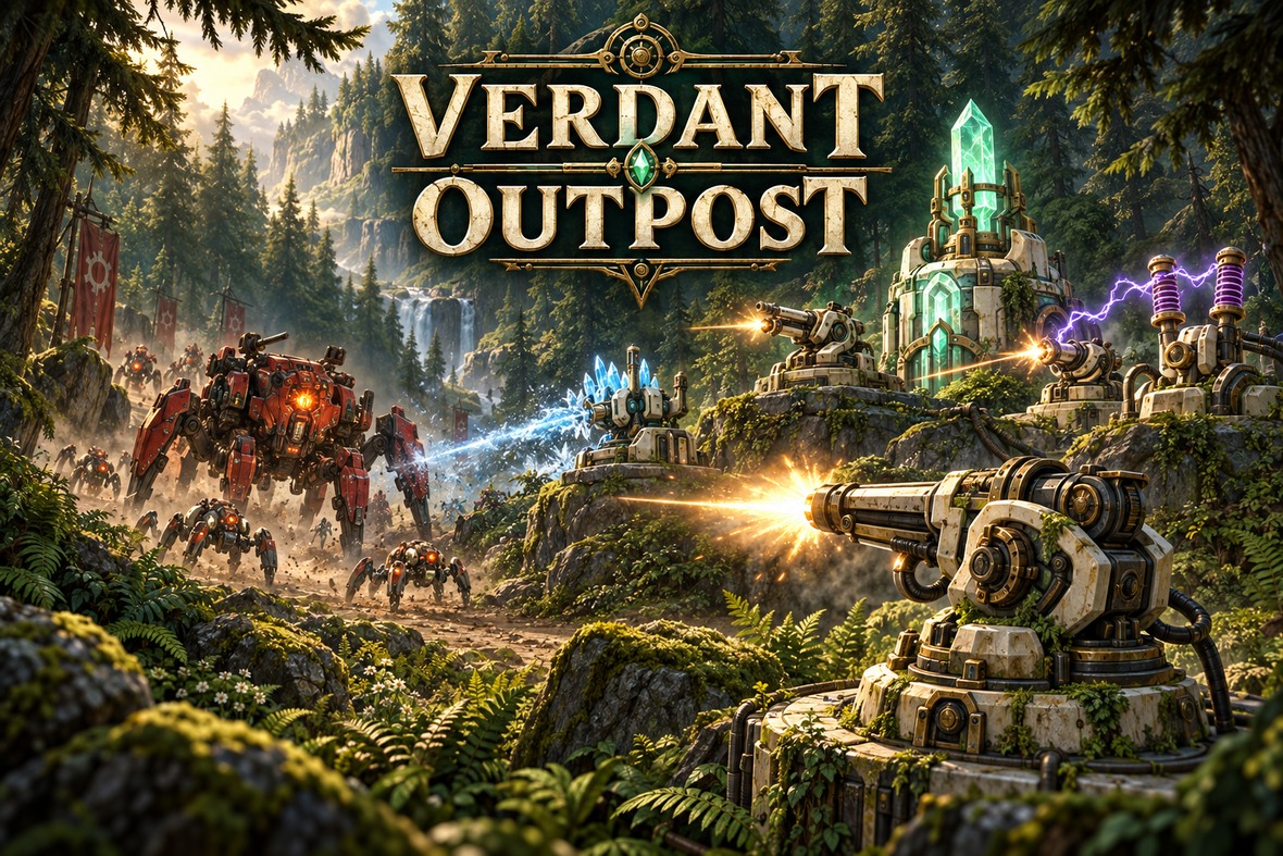 Verdant Outpost: ivory and bronze turrets defending a crystal reactor in a deep pine forest