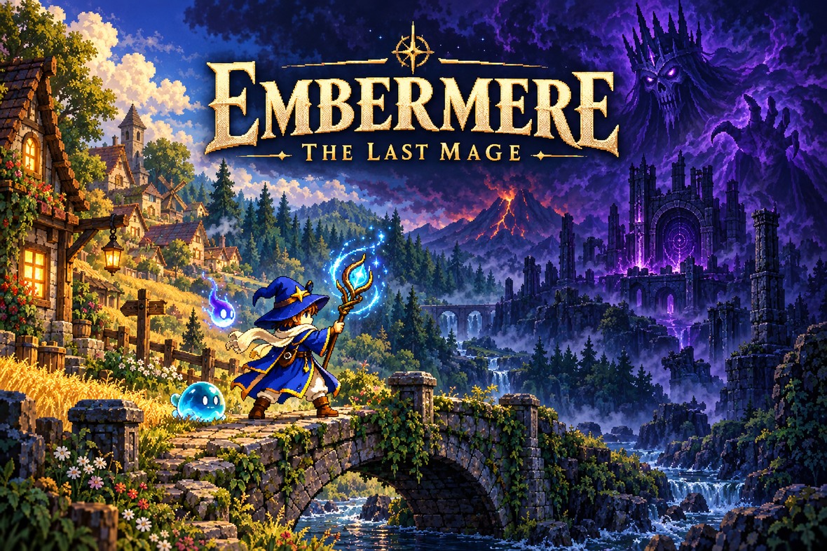 Embermere: a blue-robed mage between a golden cottage village and the Hollow King's violet sanctum