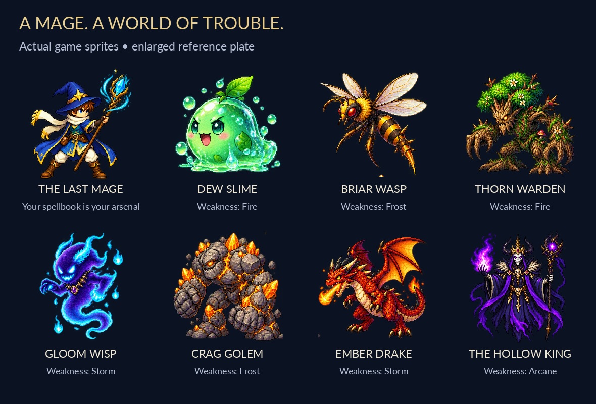The playable mage, six ordinary enemy species and the Hollow King, enlarged from actual game sprites
