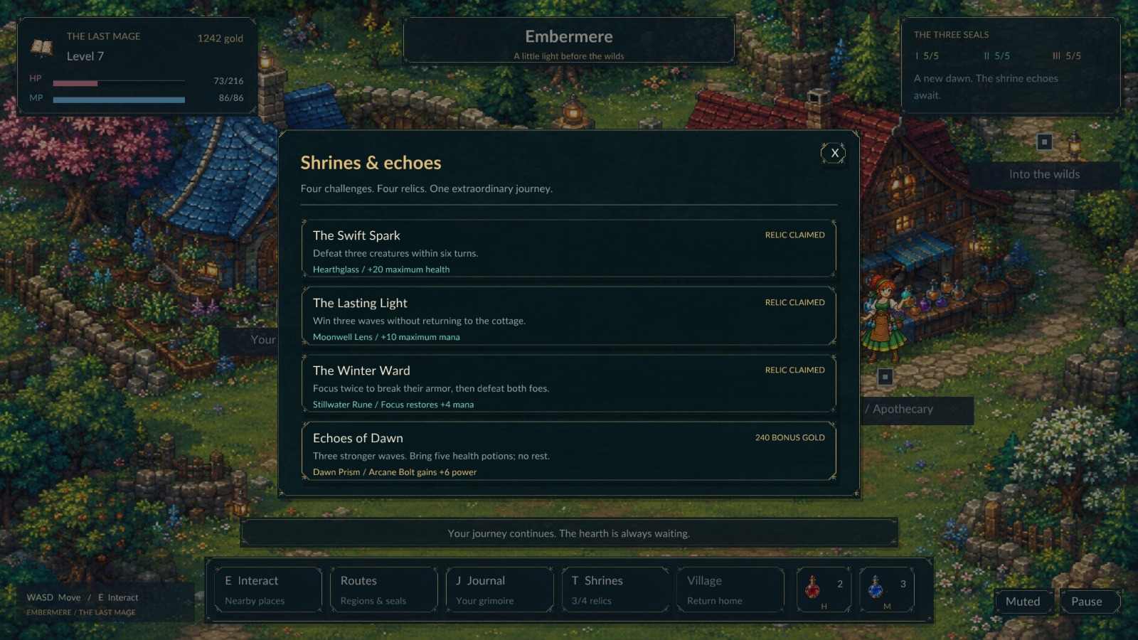 The shrine menu showing the three completed relic challenges and the unlocked Echoes of Dawn