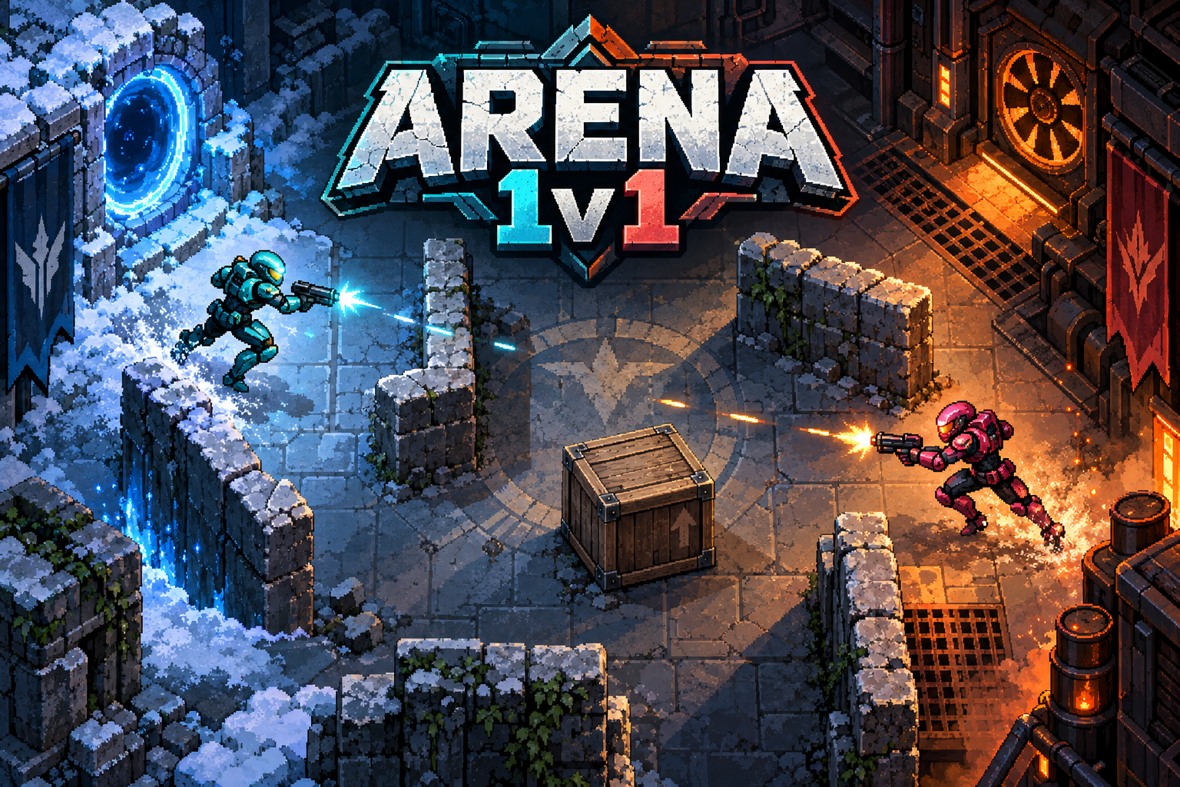 Arena 1v1: teal and rose rivals clash across stone cover, ice and glowing industrial vents