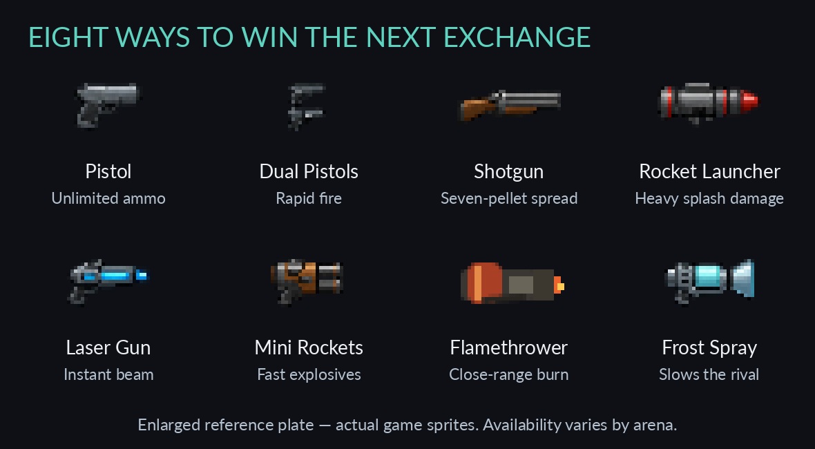 Enlarged reference plate of all eight actual weapon sprites: Pistol, Dual Pistols, Shotgun, Rocket Launcher, Laser Gun, Mini Rockets, Flamethrower and Frost Spray