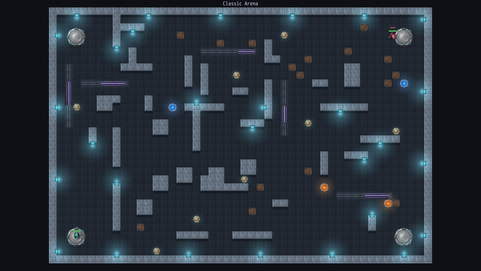 Full-map reference view of a seeded Classic Arena with cover, portals and pickup sites