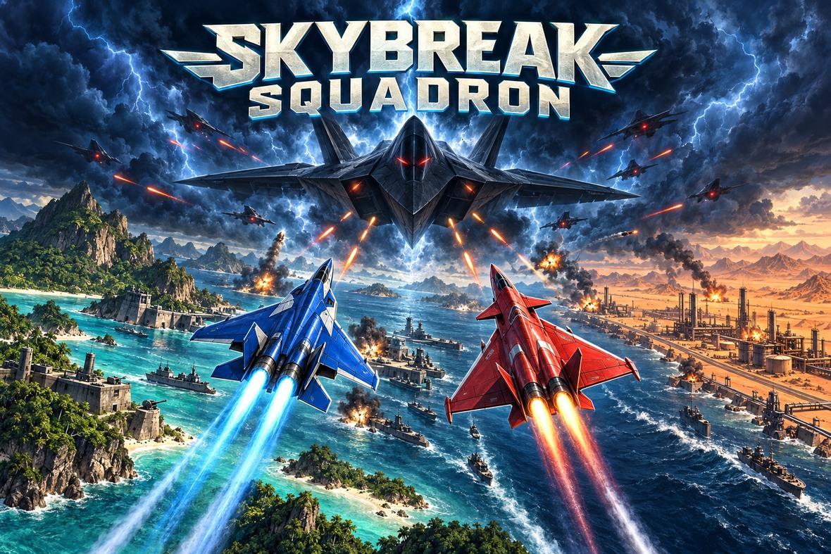 Skybreak Squadron promotional illustration: blue and red fighters challenge Black Crown above coast, desert, and storm.