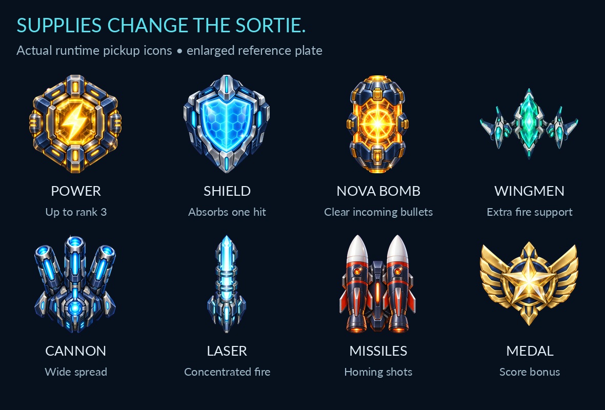 Actual power chip, shield, bomb, wingmen, three weapon crates, and score medal icons.
