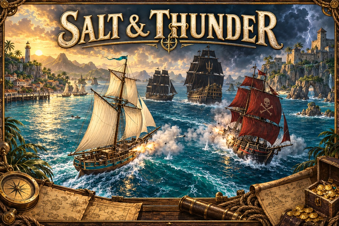 Salt & Thunder illustrated title: the Wayfarer trades broadsides on a golden sea