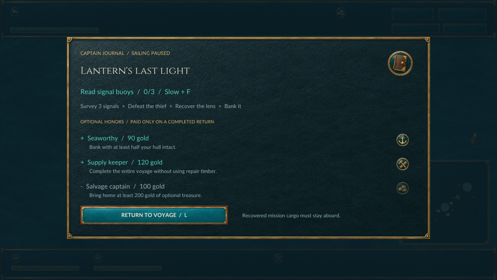 Paused voyage journal with expedition objectives and optional honor requirements