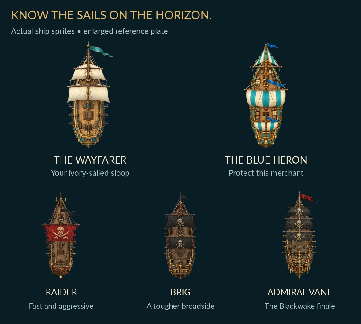 Enlarged reference plate of the playable Wayfarer, Blue Heron merchant, raider, brig and Admiral Vane flagship