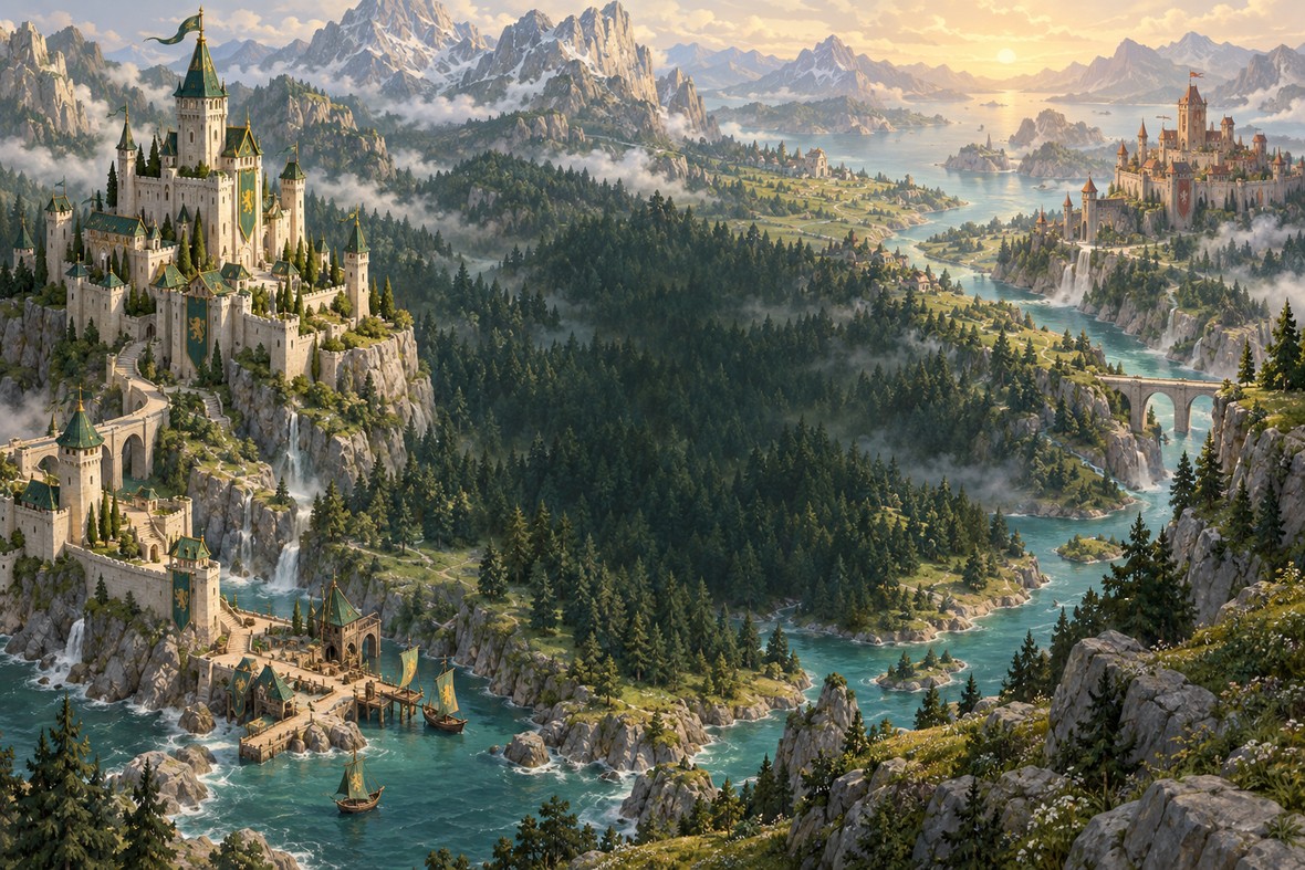 Two rival kingdoms above a misty forest valley