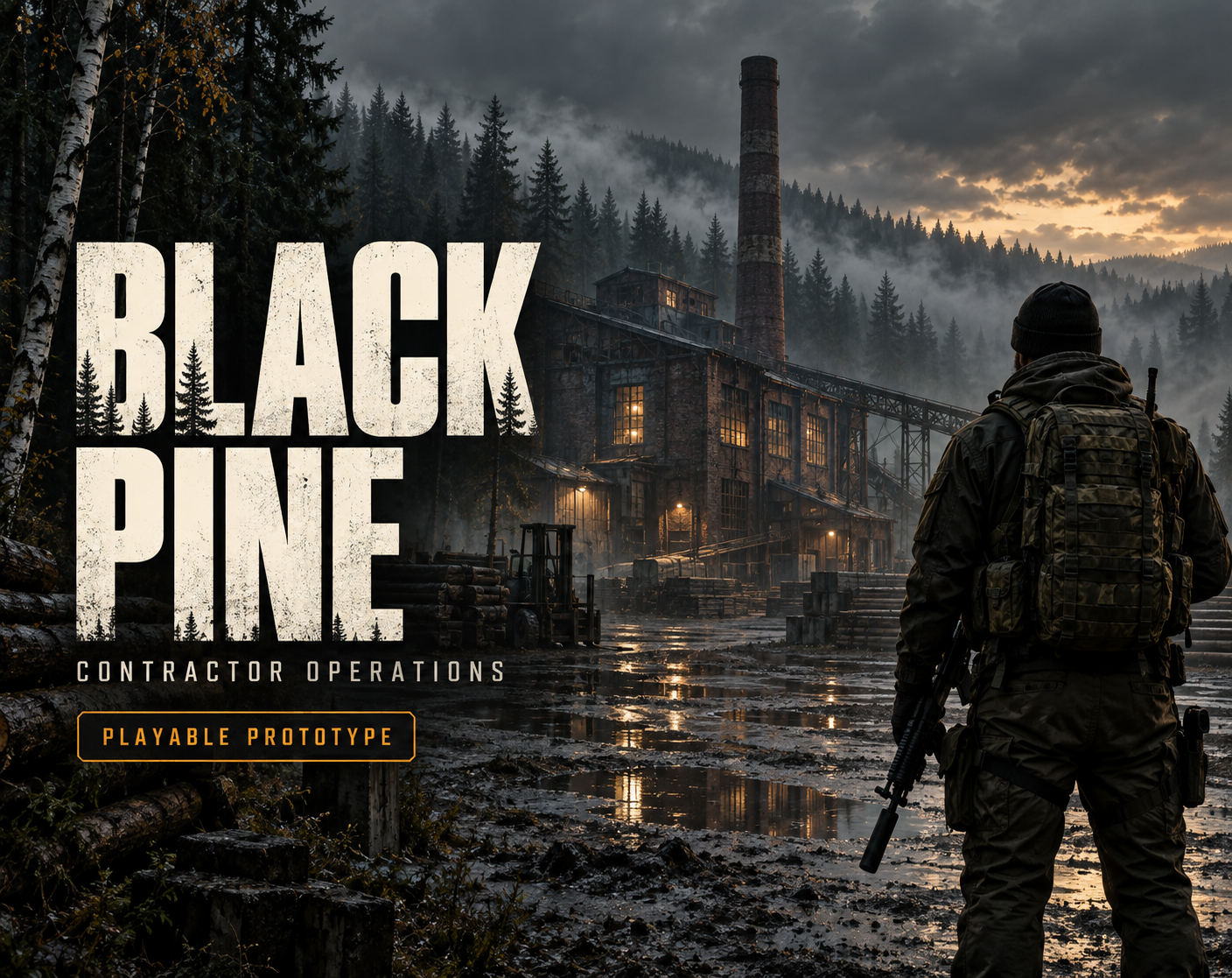 Black Pine cover: an operator overlooking a factory in a rain-soaked pine forest.