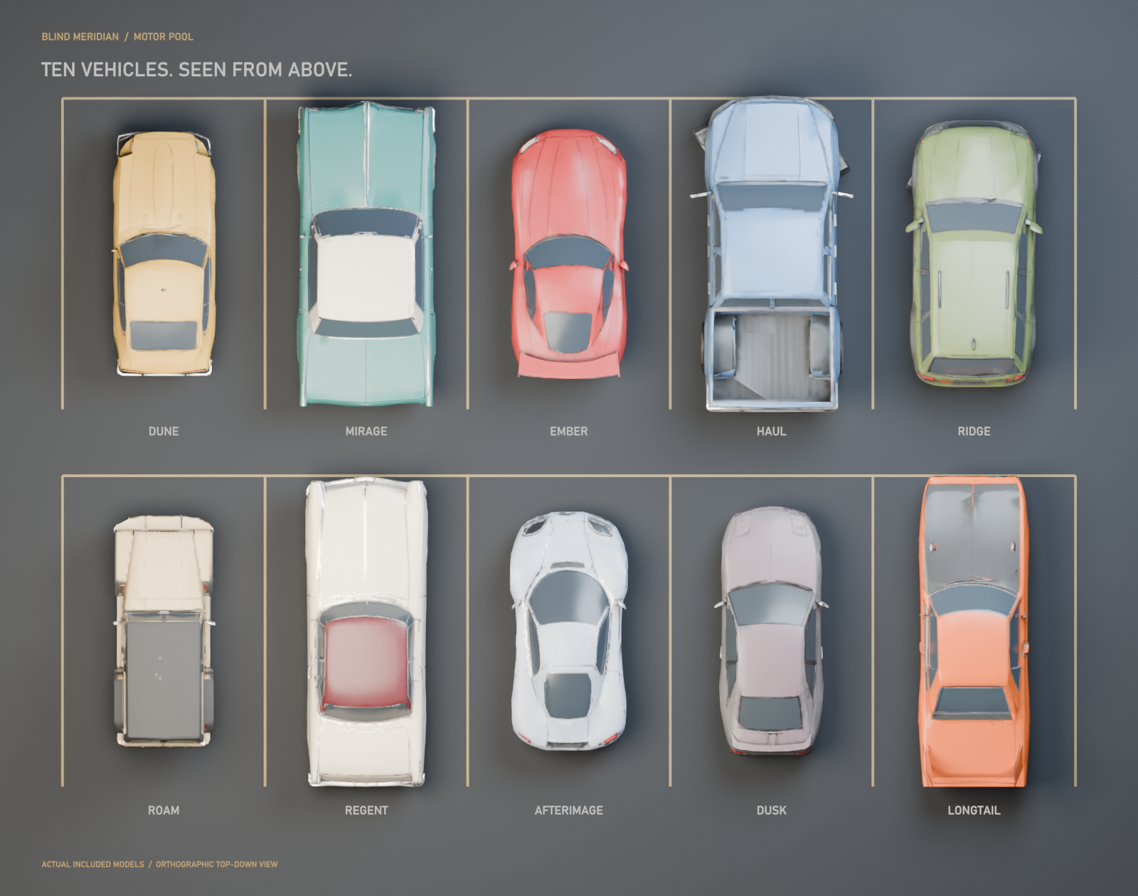 All ten included MOTOR POOL vehicles rendered directly from above
