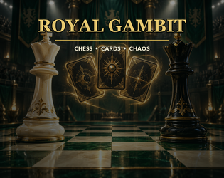 Royal Gambit cover: chess pieces and gold-edged power cards on a green board.