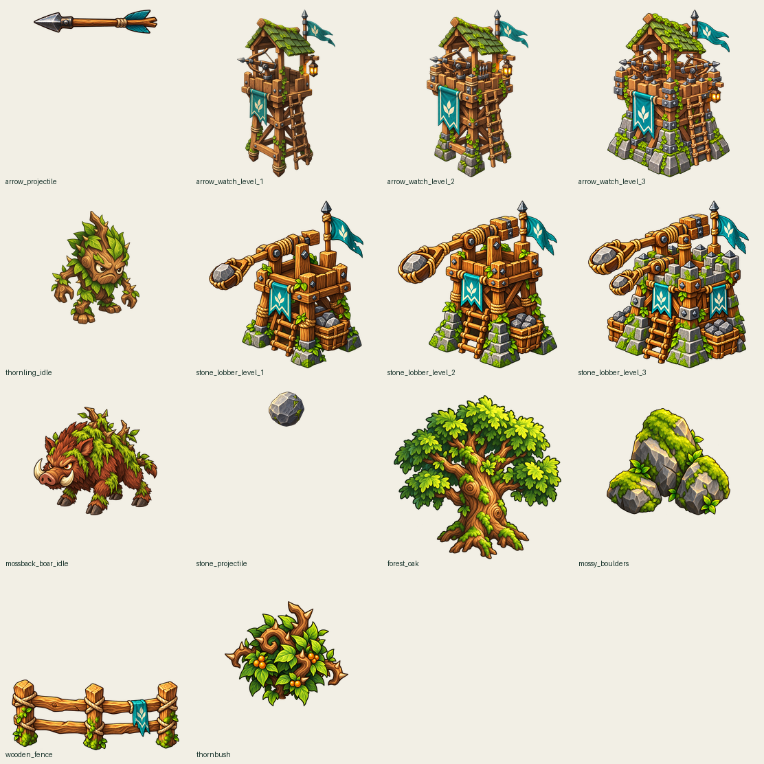 Briarwatch tower, enemy, projectile, and forest prop catalog