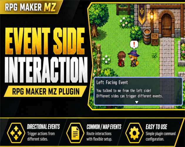 RPG Maker MZ plugin promotional thumbnail for CT Event Side Interaction, highlighting front, back, left and right directional event interactions.