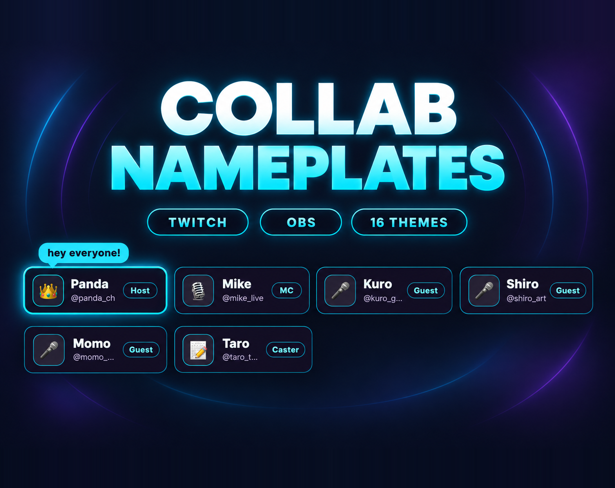 Cover image for Collab Nameplate Overlay for Twitch & OBS | Guest Name Cards Light Up When They Chat | 16 Themes