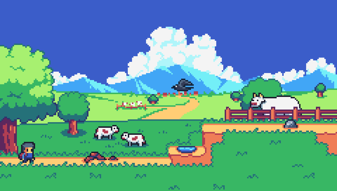 A boy in the meadows with cows and a village in the background