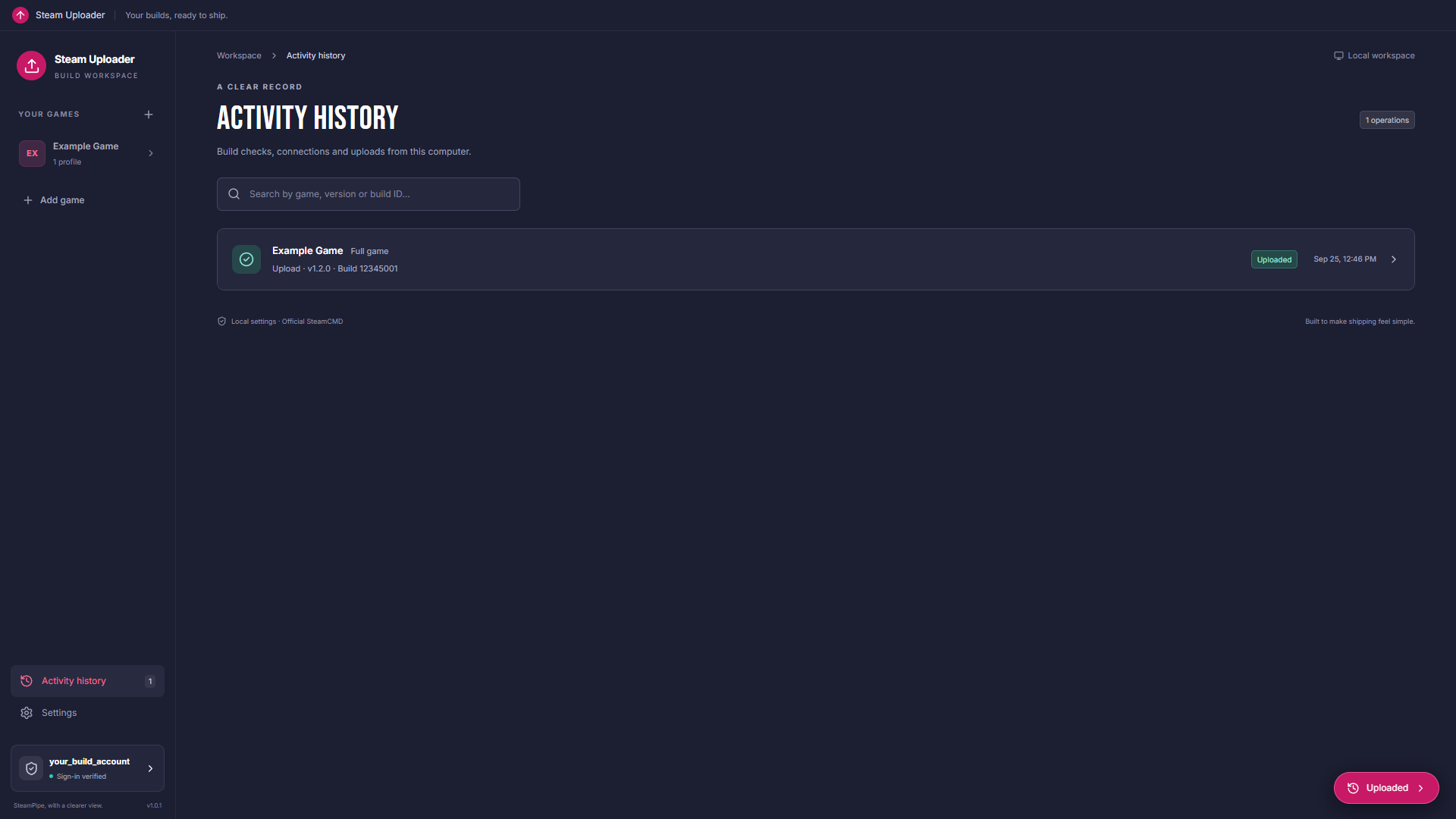 20. Upload history keeps the result and its Steam Build ID.