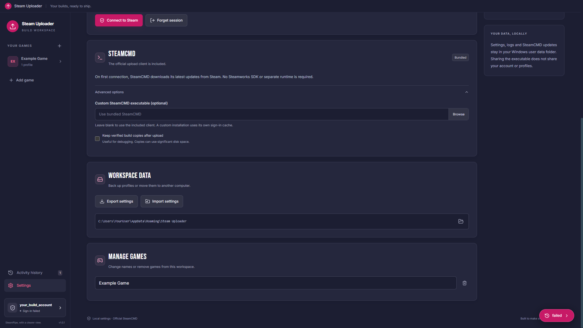 22. Optional SteamCMD settings and local storage information.