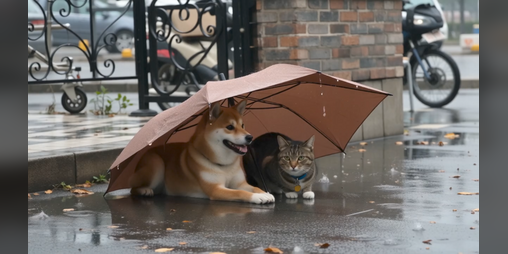 Cover image for Rainy Day Companions – Dog and Cat Sharing an Umbrella
