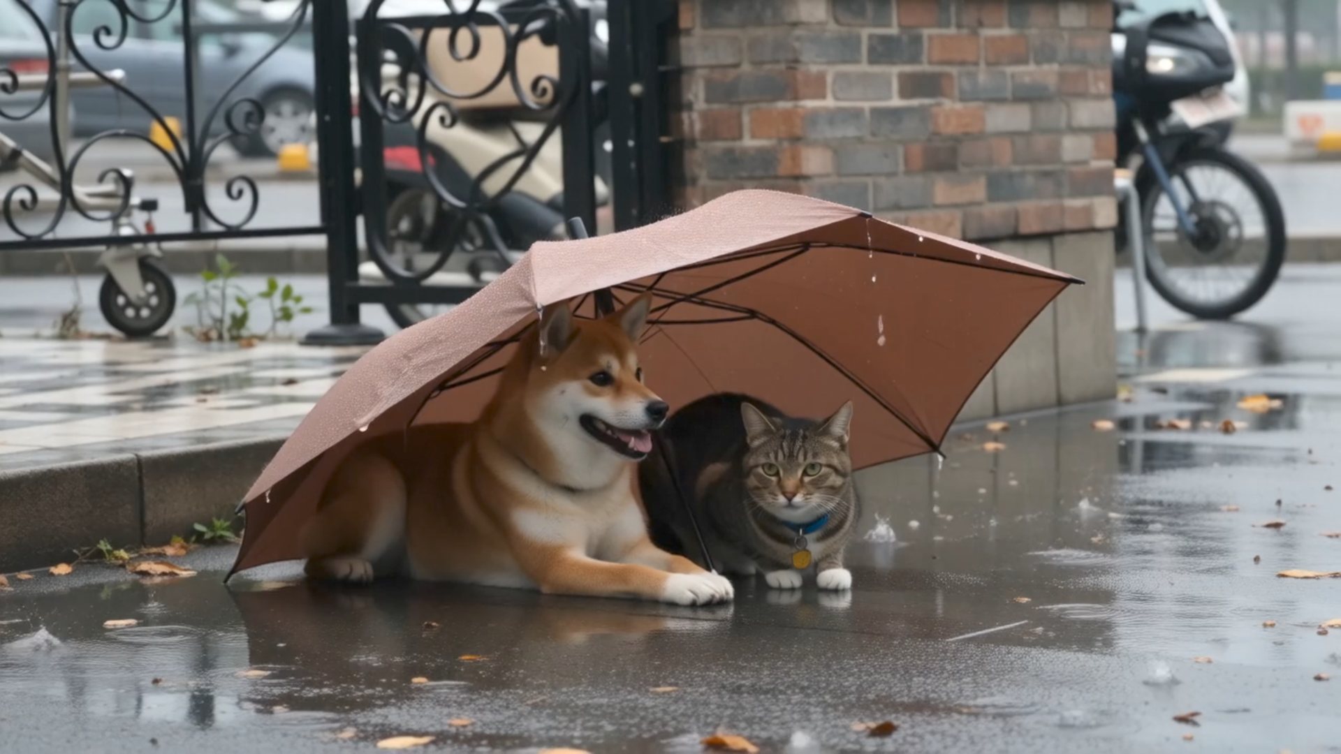 Cover image for Rainy Day Companions – Dog and Cat Sharing an Umbrella