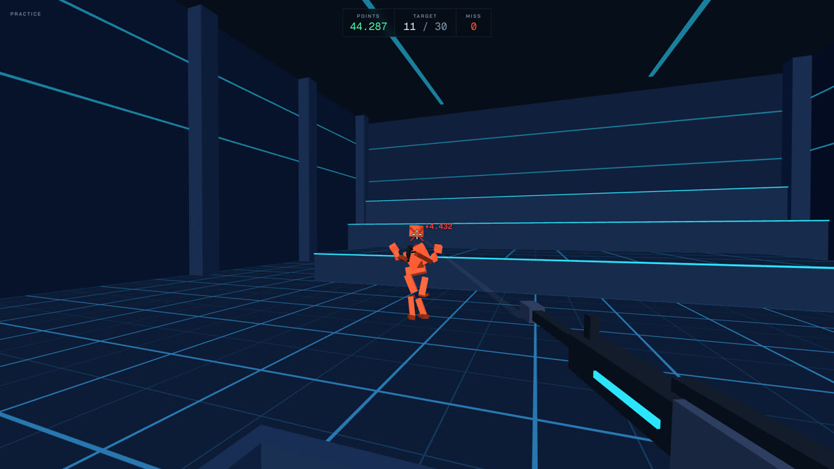 A headshot on a robot target in the firing range, with the hit marker and +4.432 points on screen