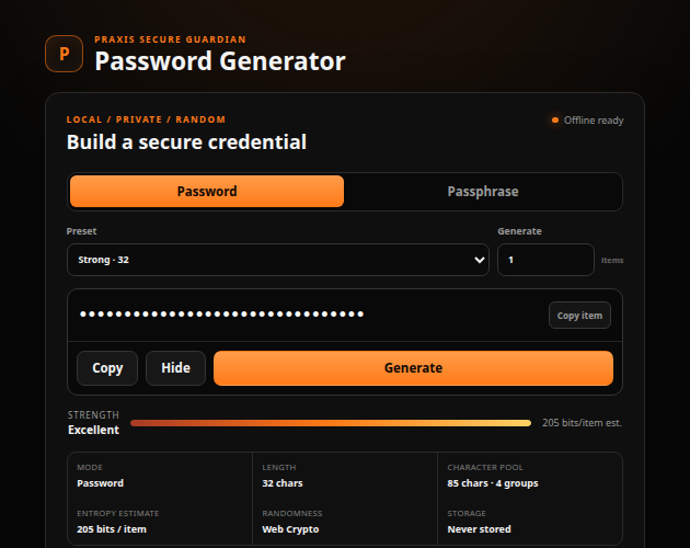 Cover image for Praxis Secure Guardian — Password Generator
