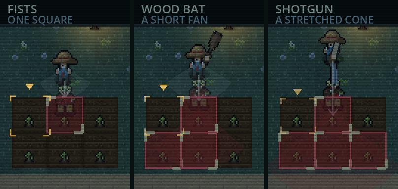 The same field, the same corpse, three weapons: fists water one bed, a wood bat three, a shotgun four.