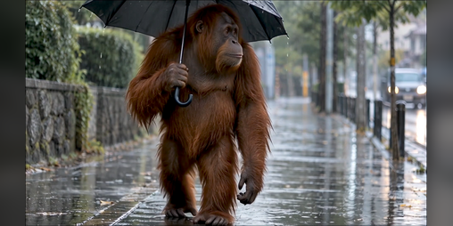 Cover image for Funny Orangutan Walking in the Rain with an Umbrella
