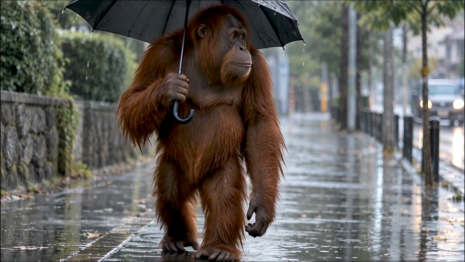 Cover image for Funny Orangutan Walking in the Rain with an Umbrella