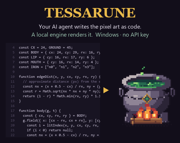 Cover image for Tessarune — Let Your AI Agent Write Pixel Art as Code (Windows)