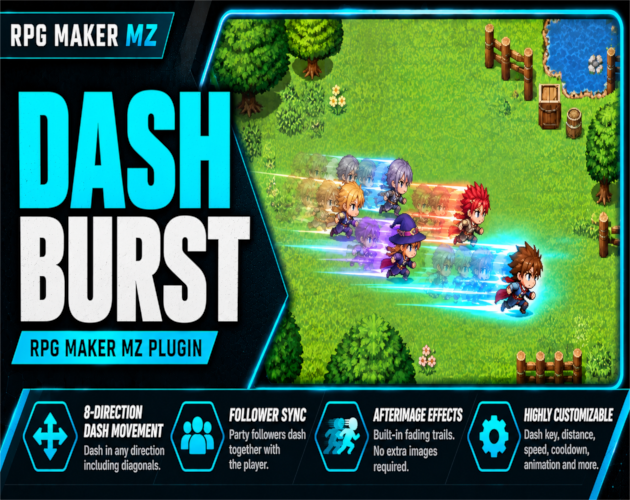 Cover image for RPG Maker MZ Plugin: CT Dash Burst – 8-Direction Dash Movement & Afterimage Effects