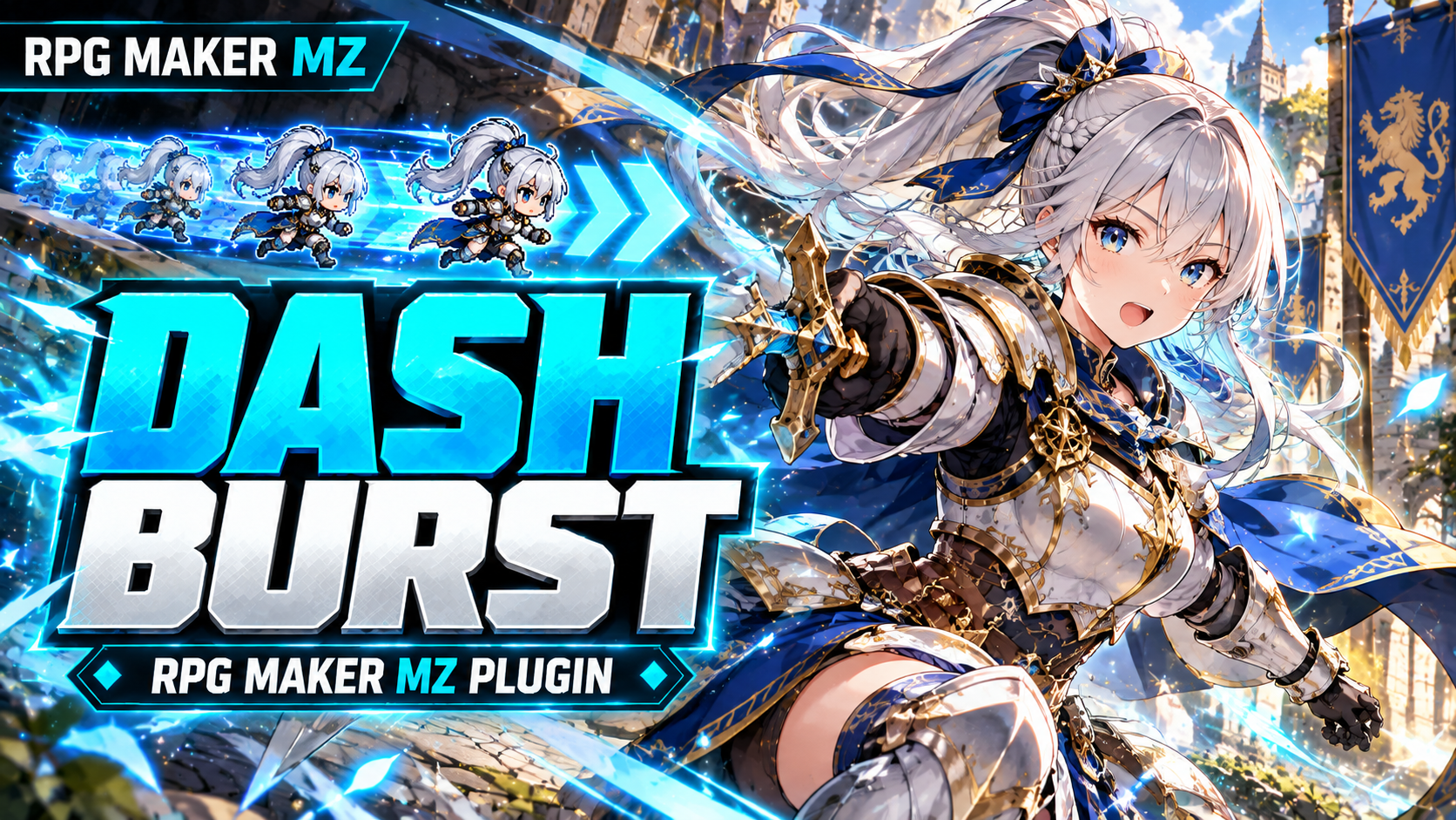 CT Dash Burst RPG Maker MZ launch artwork featuring a silver-haired female knight in blue and silver armor, cyan dash effects, chibi movement sprites and bold DASH BURST lettering.