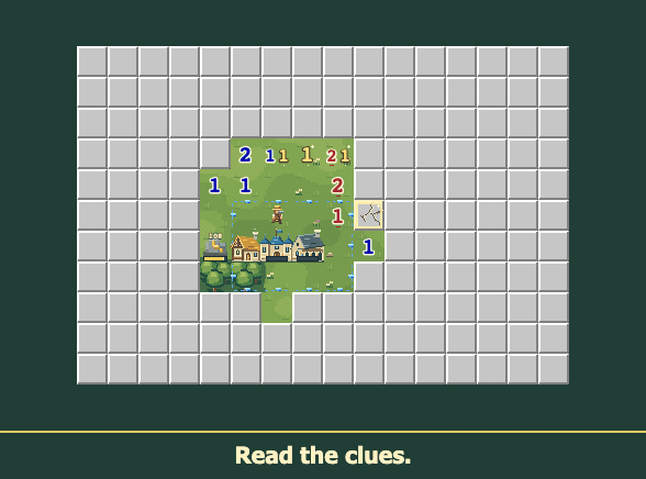 Actual Keepsweeper gameplay: uncovering tiles, building a village, and fighting dragons.