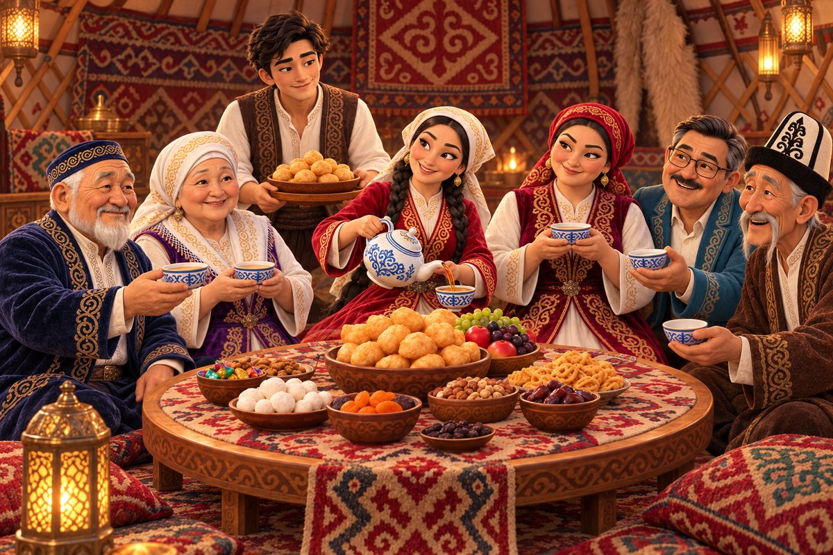 The whole family at the dastarkhan · Бүкіл әулет дастархан басында · Вся семья за дастарханом
