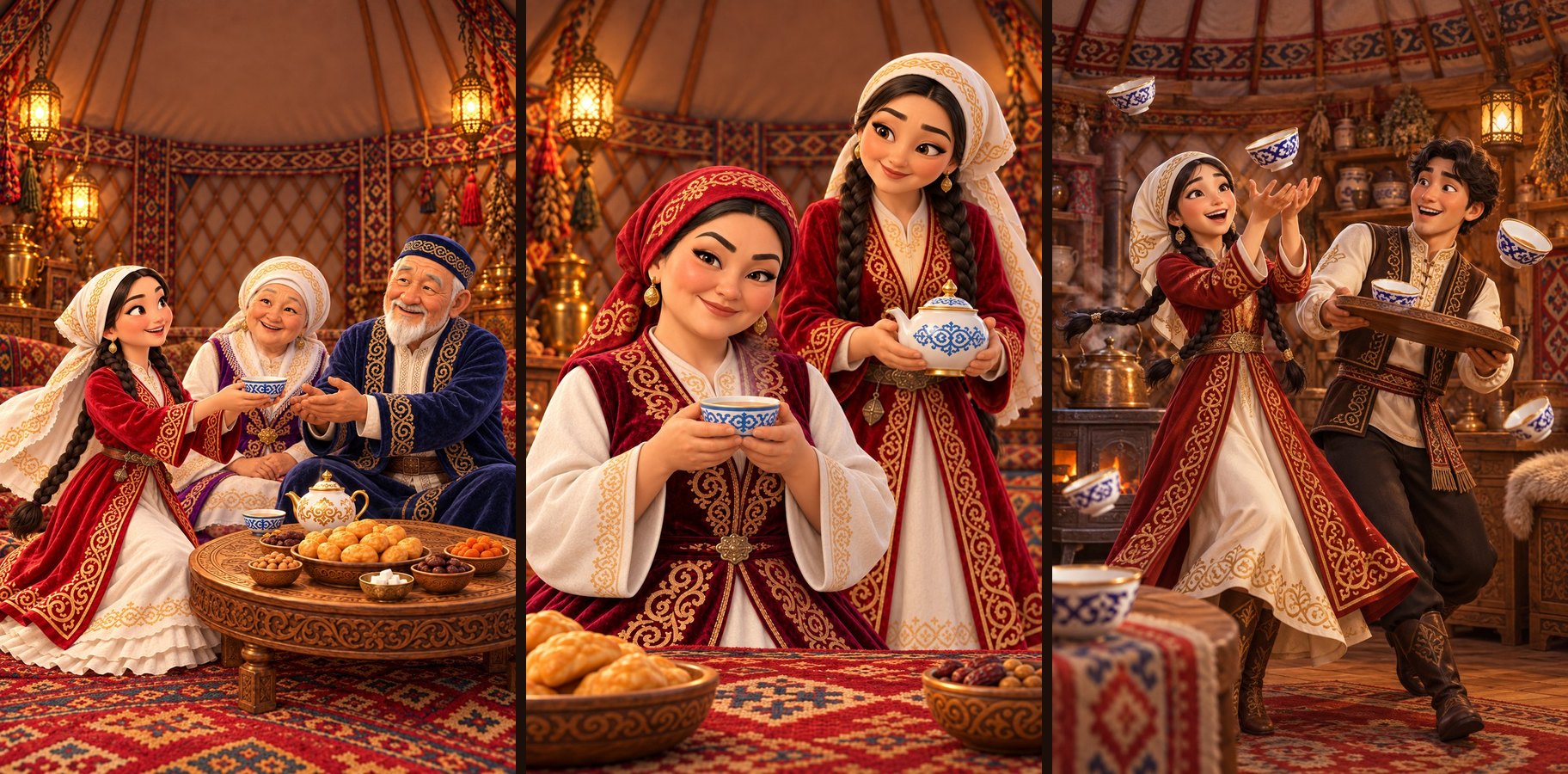 Kelin serves tea · Ene tastes the tea · The tea break
