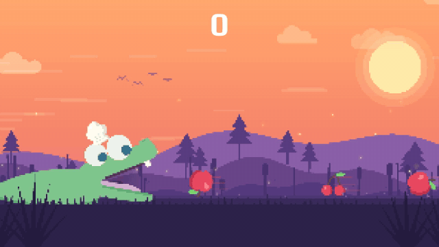 The gator chomping through a run of apples and cherries while bombs bounce off his snout